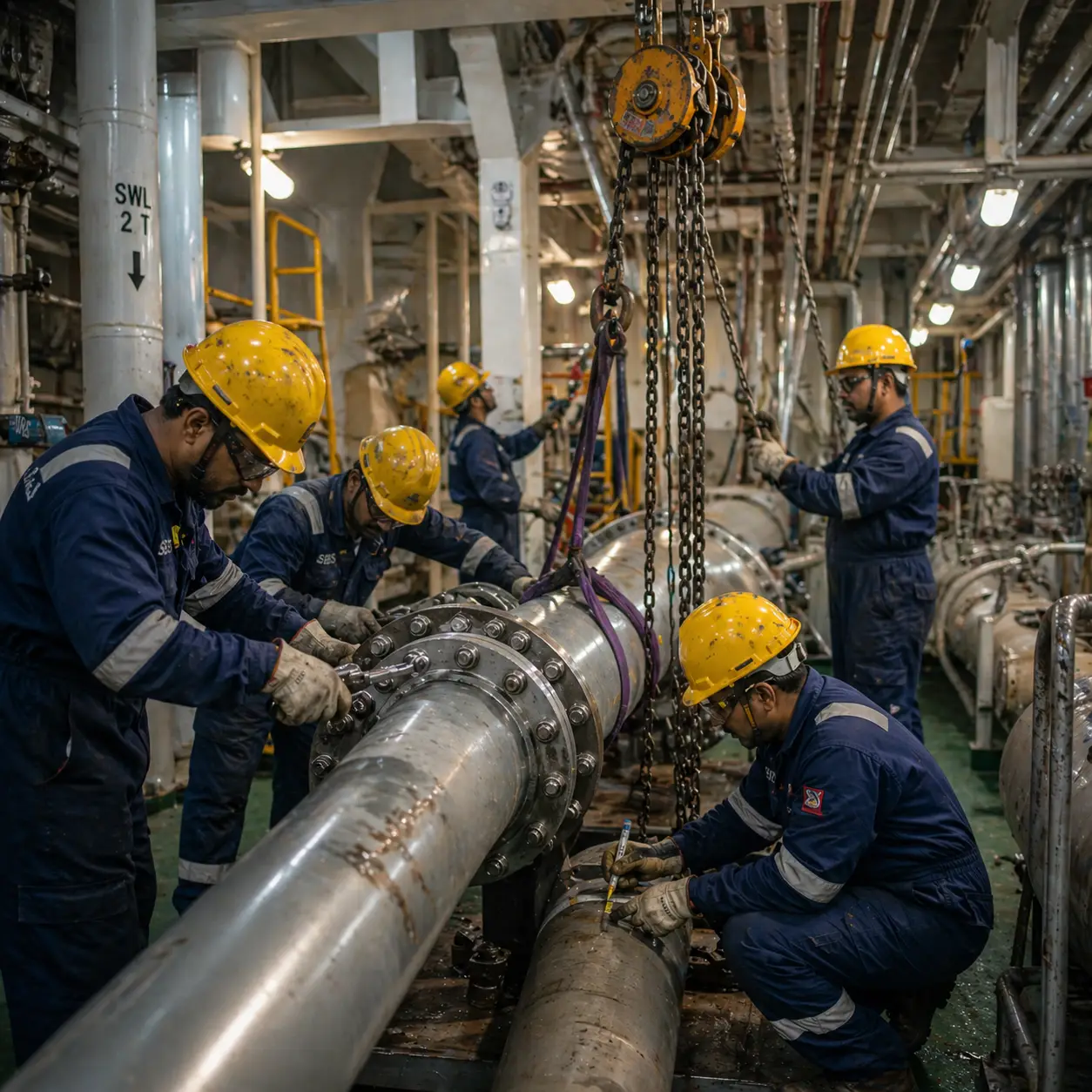 Welder working on marine pipe